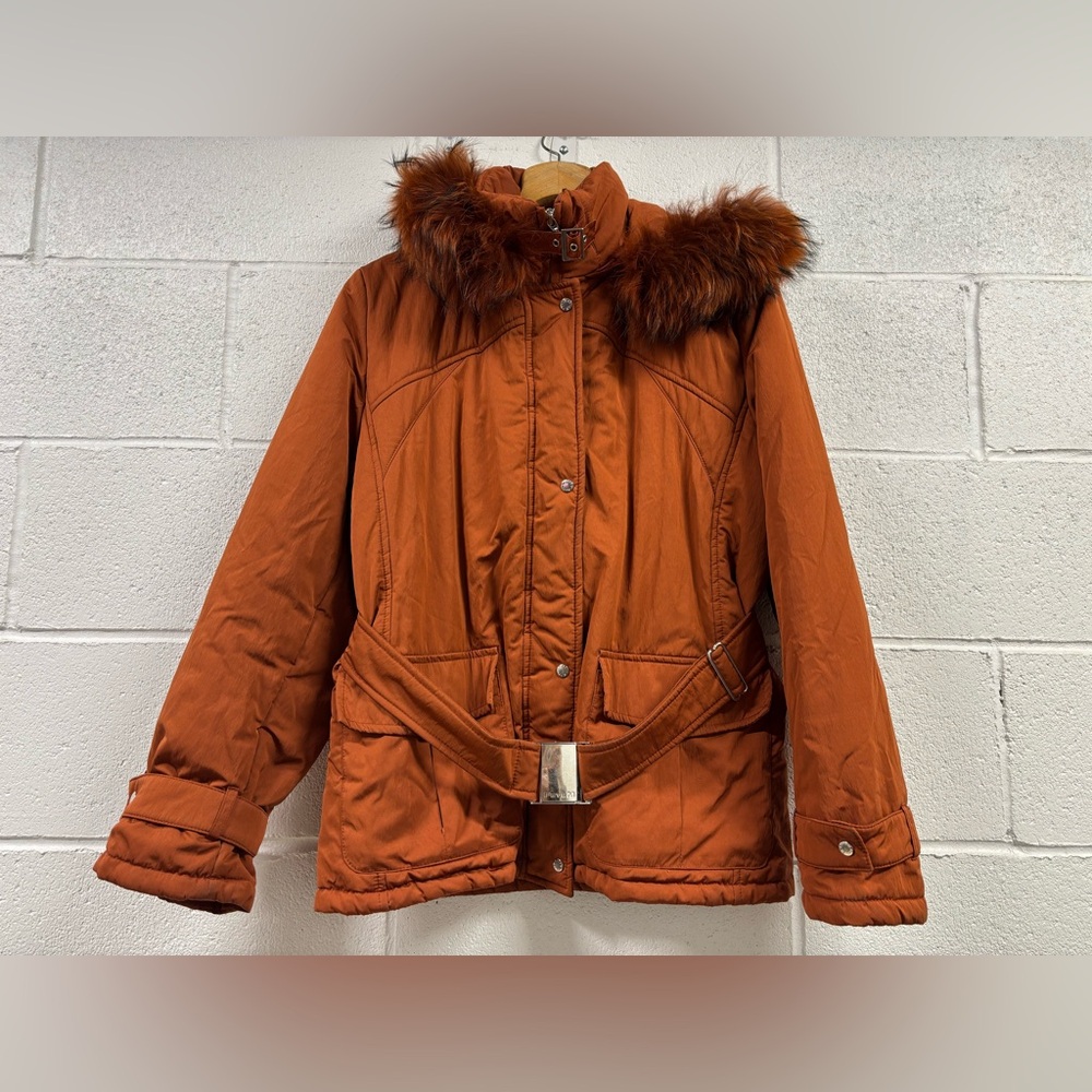 FEYEM Made In Italy Burnt Orange Rust Zip Up Buckle Coat Women’s Size Medium
